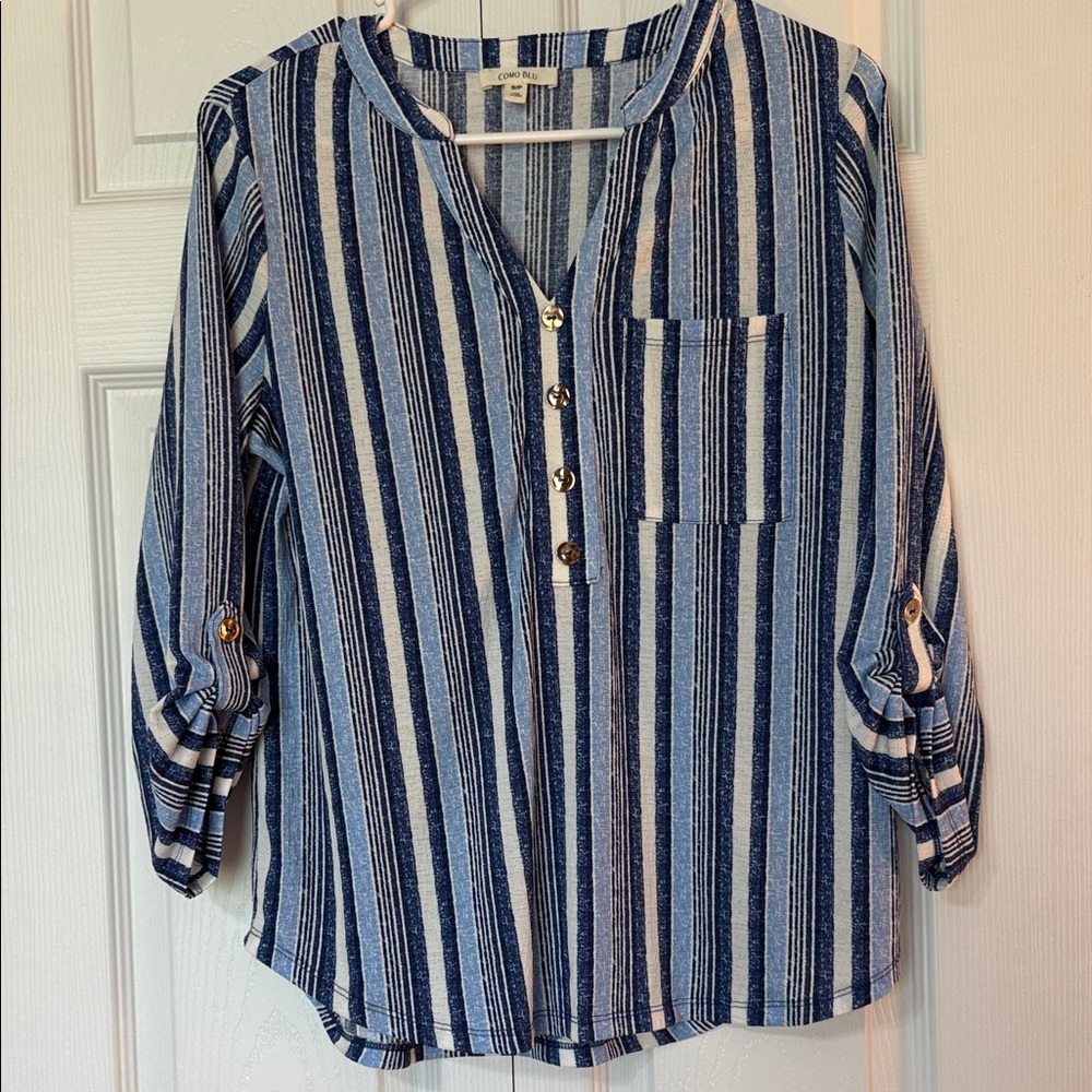 Como Blu Navy and White Vertical Stripe Top